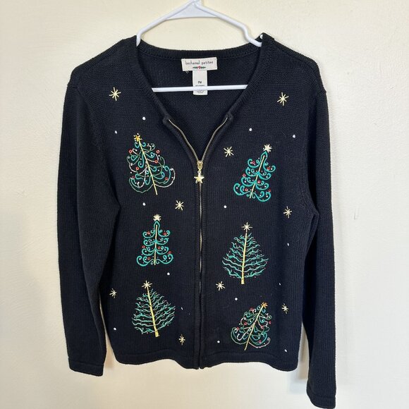 Bechamel Petites Womens Holiday Sweater Cardigan PM Black Christmas Tree Zip Up - Picture 5 of 5